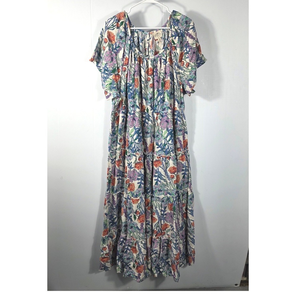 St Johns Bay Womens 3X Floral Tiered Maxi Dress Boho Short Sleeve Rayon Blend